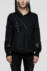 Schwarze Steampunk-Jacke für Damen mit langen Ärmeln, Metallösen und Kapuze, zum Schnüren